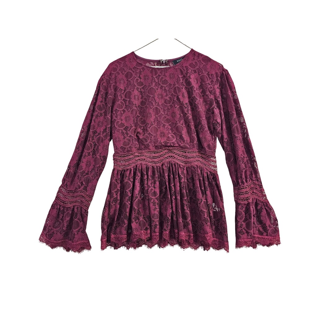 VICI Lace Peplum Top Women Medium Burgundy Bell Sleeve Floral Boho Crochet Trim